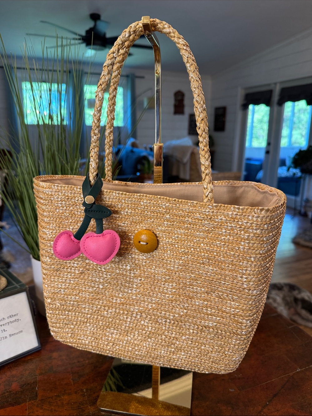 Straw Tote Bag with Pink Cherry Charm